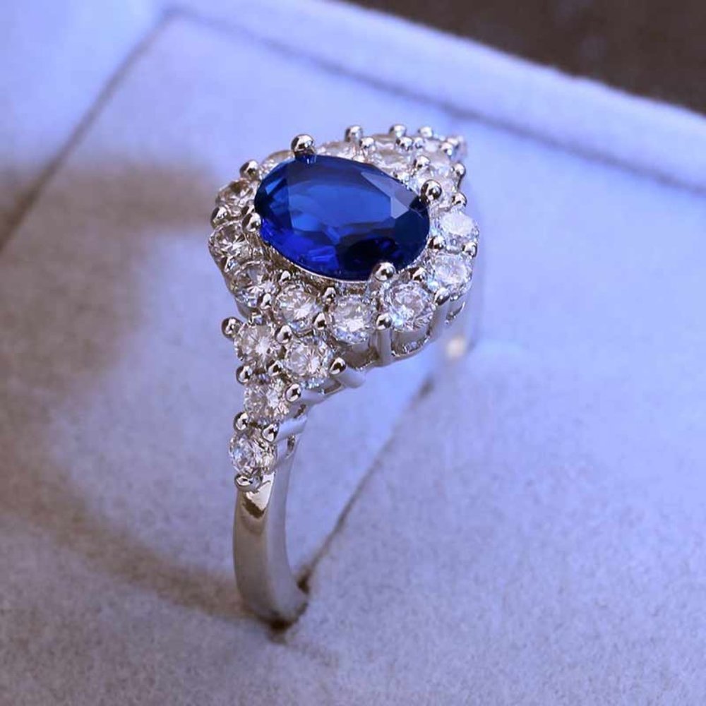 Noble Oval Flower Dainty Royal Blue 925 Silver Ring for Women, VIP500 - Picture 2 of 8